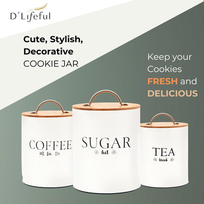 D'Lifeful Tea Coffee Sugar Canister Set - 3pc Airtight Canister Sets for Kitchen Counter - Farmhouse Containers for the Kitchen - Decorative Countertop storage with Airtight Lid for Freshness - White