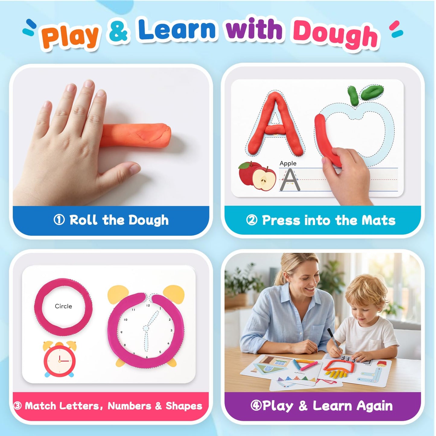 Crelloci Alphabet & Number Dough Learning Mats for Kids Ages 2+ – Double-Sided ABC, Counting & Shape Activity Cards, Reusable Write & Wipe Preschool Learning Set with Marker