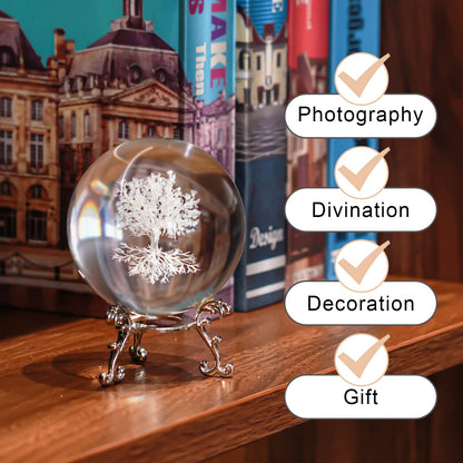 H&D Hyaline & Dora 70mm Tree of Life Clear Crystal Ball with Stand, K9 Glass Decorative Crystal Ball, 3D Laser Fengshui Home Decoration