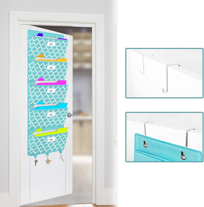Over the Door File Organizer, Hanging File Folders, Wall Organizers and Storage for Mail, Magazine, Notebooks, Planners, Office, Classroom, 5 Extra Large Pockets, 50.39” Tall (Blue Lantern Pattern)