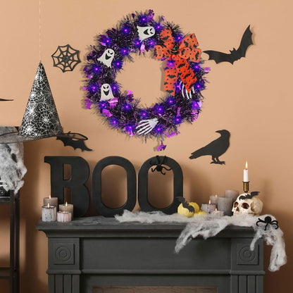 Halloween Wreath for Front Door with Lights,13 Inch Ghost Wreath Halloween Decorations for Indoor Window Party Holiday Wall Home Decor (Ghost)