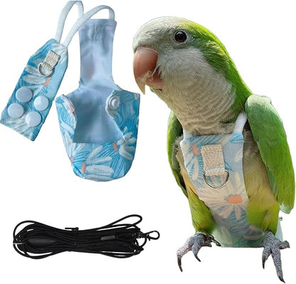 Snap-Closure Parrot Diapers with Adjustable Leash - Washable Bird Flight Suits for Cockatiels, Sun Conures & Quaker Parrots Secure & Chew-Resistant (M – Little Sun/Budgie + 1m Rope)