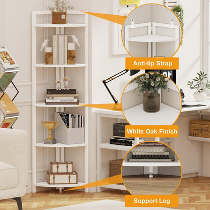 FATORRI Tall Corner Shelf, 5 Tier Modern Corner Bookshelf Stand, Wood and Metal Corner Plant Bookcase for Living Room, Home Office (White Oak)