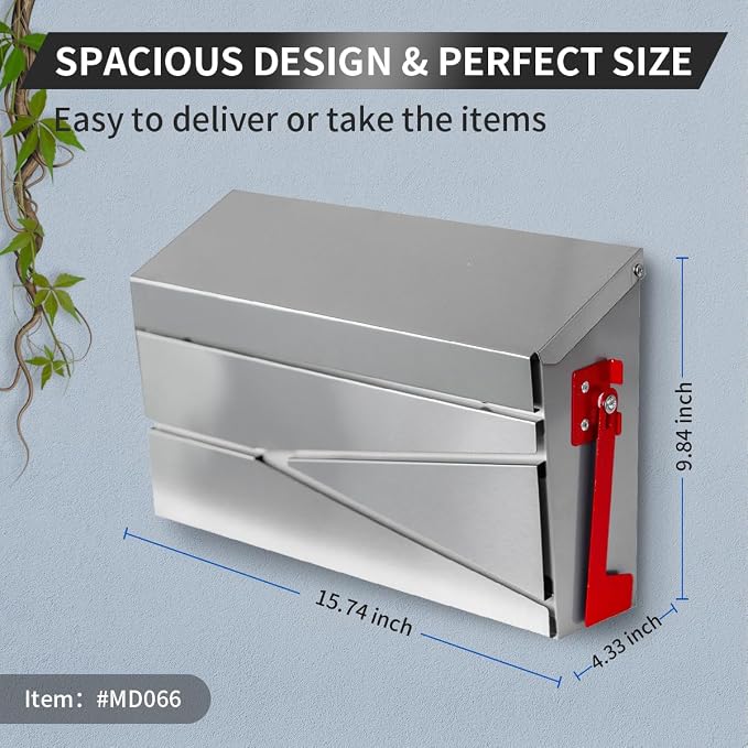 Ydocabinit Wall Mount Mailbox, Large Capacity Mailbox for House, with Flag Kit, Galvanized Steel Rust-Proof Metal Post Drop Box, Mailboxes for Outside, 15.74"×9.84"×4.33", Silver Modern Sleek Style