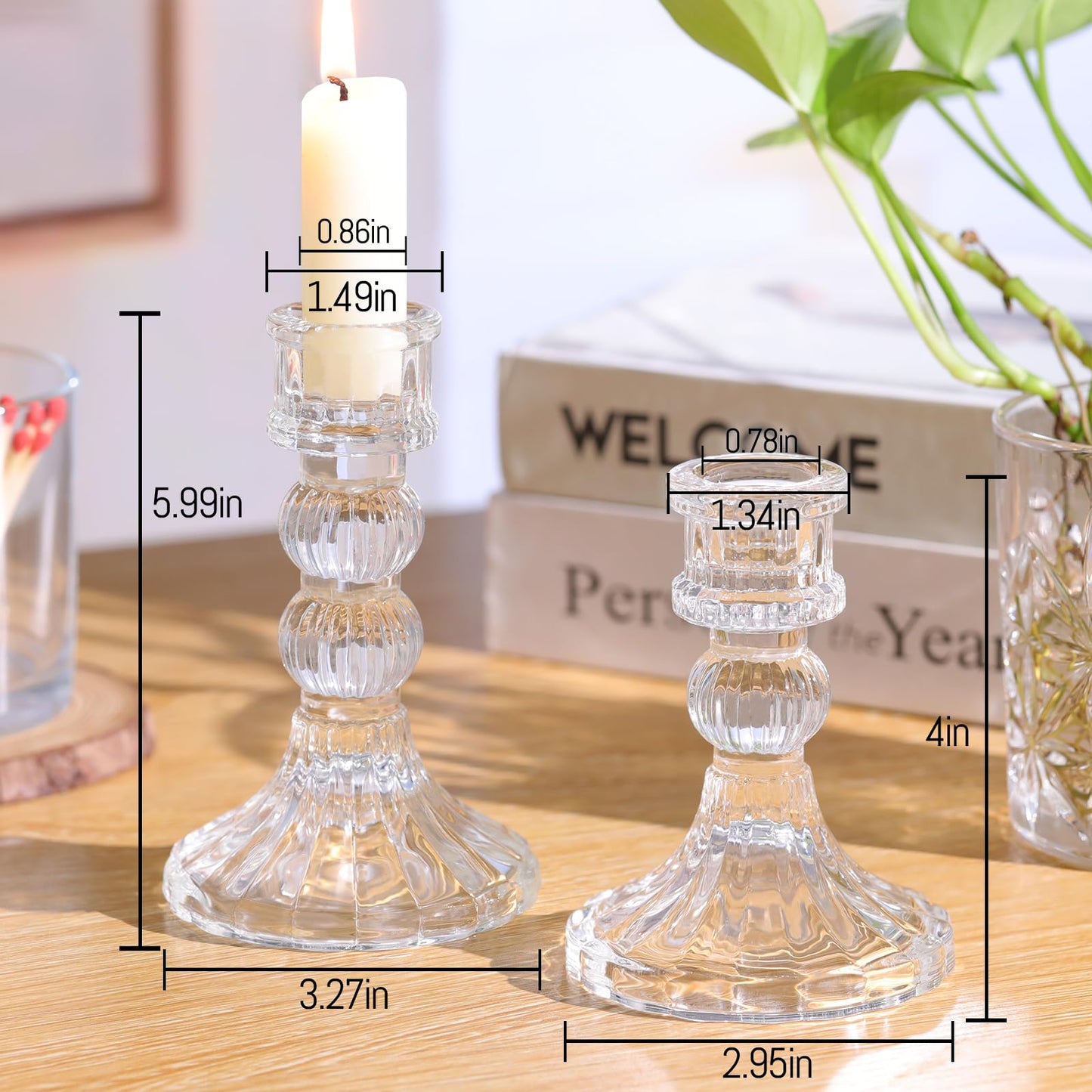 DARJEN 6Pcs Clear Candlestick Holders Set - 4" H & 5" H Striped Taper Candle Holders Bulk, Glass Candle Holders for Wedding, Festival, Party, Table Centerpiece, Gifts
