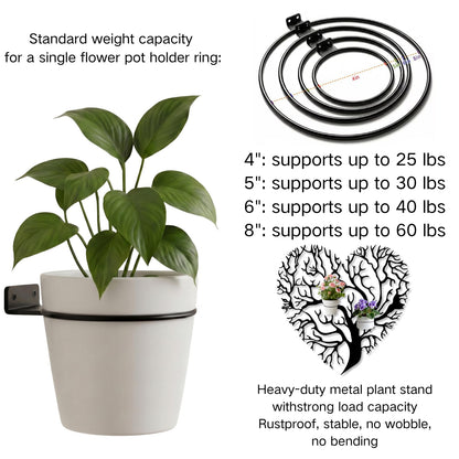 OZF Tree of Life Metal Wall Mounted Plant Holder, Tree Heart Wall Hanging Plant Holder, Branch Metal Plants Stand for Living Room (Black, 18"x 18"| 48x47cm, 2 Pack 8" Flower Pot Holder Ring)