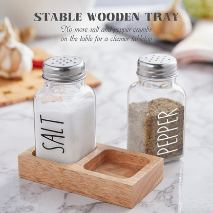 Glass Salt and Pepper Shakers with Holder - Dopeca Clear Salt and Pepper Set with Wood Caddy for Kitchen Counter or Table - Kitchen Decor and Accessories for Wedding Gifts - Easy Refilling-2.7 oz