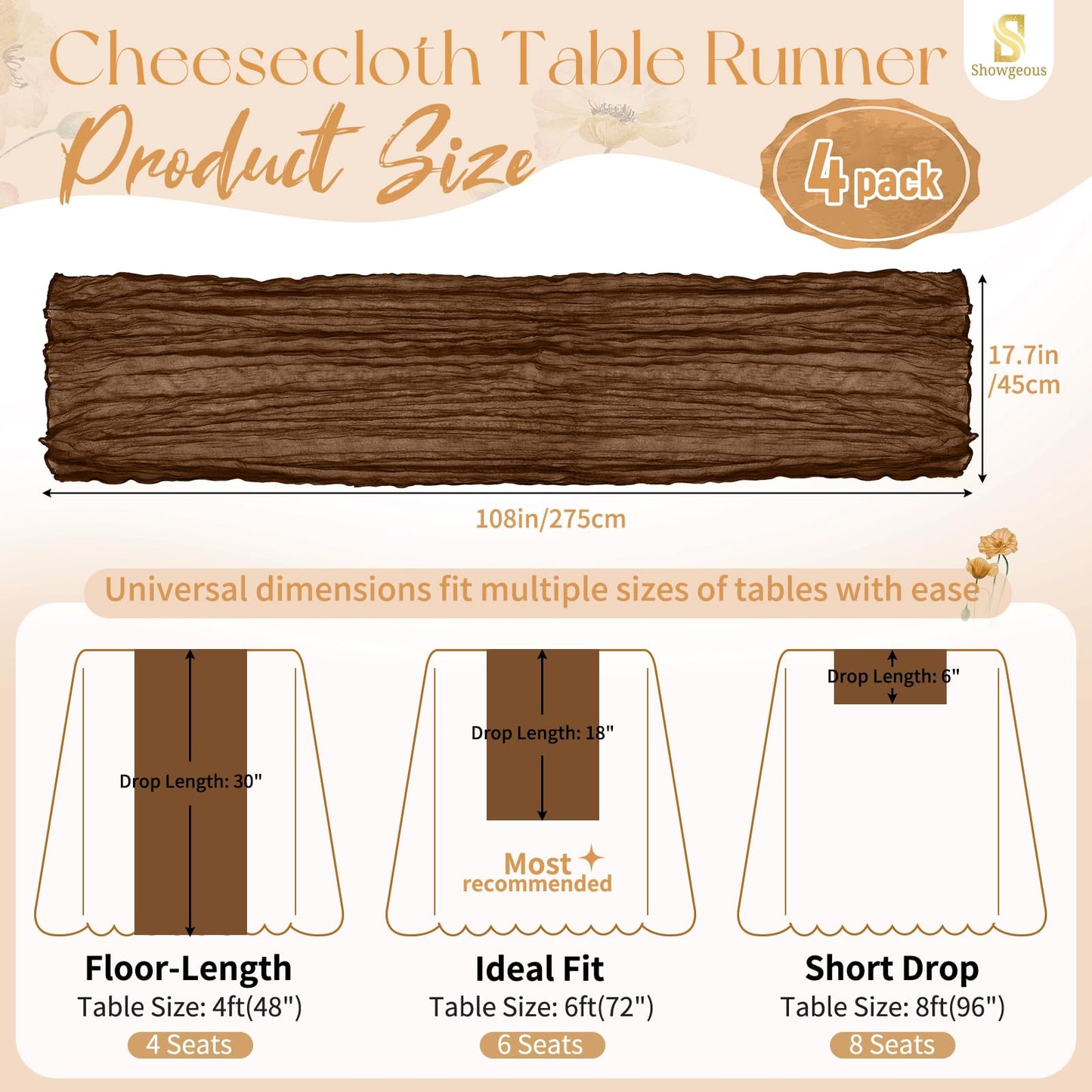 4 Pack Brown Cheesecloth Table Runner 17 x 108 inch Boho Gauze Table Runner Rustic Sheer Cheese Cloth Table Decorations for Wedding Party Baby Bridal Shower Birthday Holiday Home