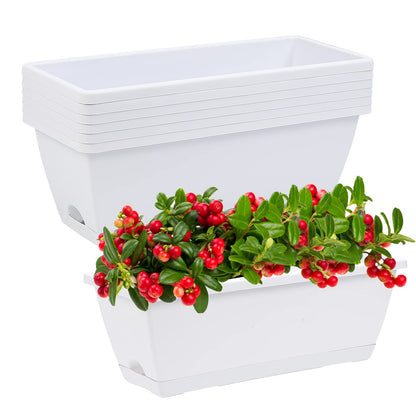 CHUKEMAOYI Window Box Planter, 7 Pack Plastic Vegetable Flower Planters Boxes 17 Inches Rectangular Flower Pots with Saucers for Indoor Outdoor Garden, Patio, Home Decor (White)