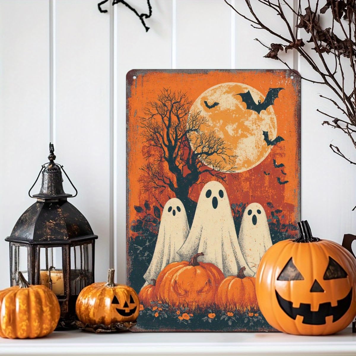 Halloween Three Ghosts Full Moon Pumpkin Spooky Retro Metal Tin Sign Wall Art Decor for Home Farmhouse Front Door Halloween Party Indoor Outdoor 8x12 Inch
