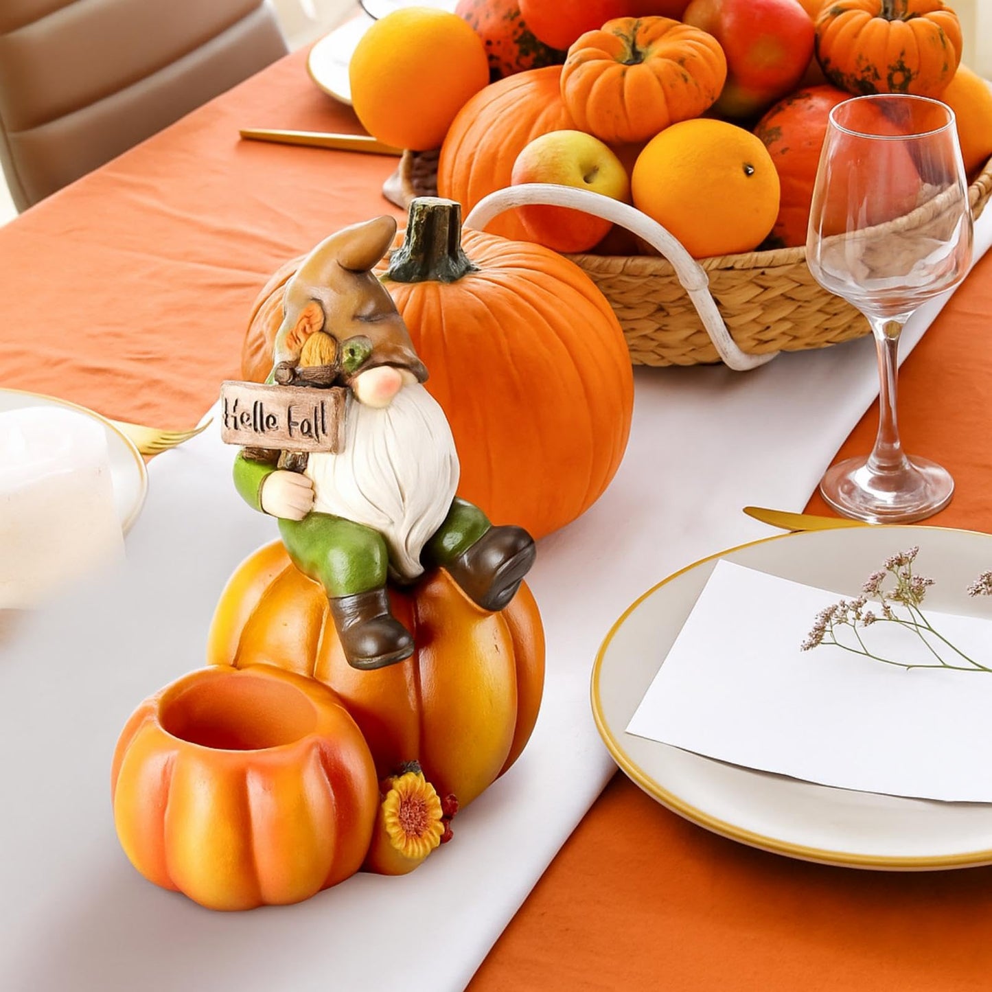 Hotop Fall Pumpkin Gnome Tealight Candle Holder, Thanksgiving Table Centerpiece Resin Figurine, Autumn Harvest Indoor Decor for Mantel Shelf Kitchen Dining Table, 6.5 Inch