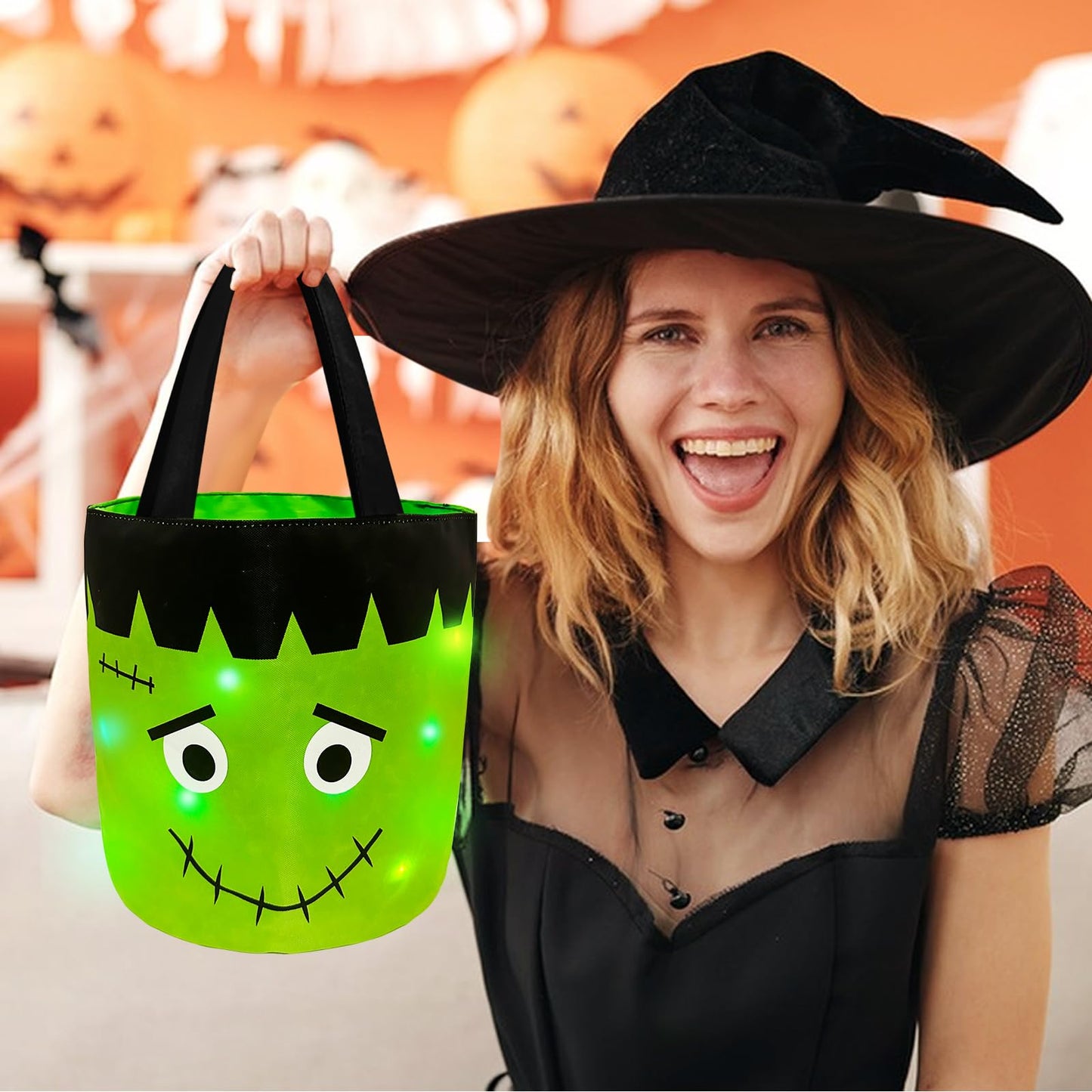 Jemgmonn 2 Pieces Halloween Candy Bucket with LED Light Trick or Treat Buckets Halloween Reusable Pumpkin Green Monster Candy Gift Baskets Party Supplies Favors (Orange & Green)