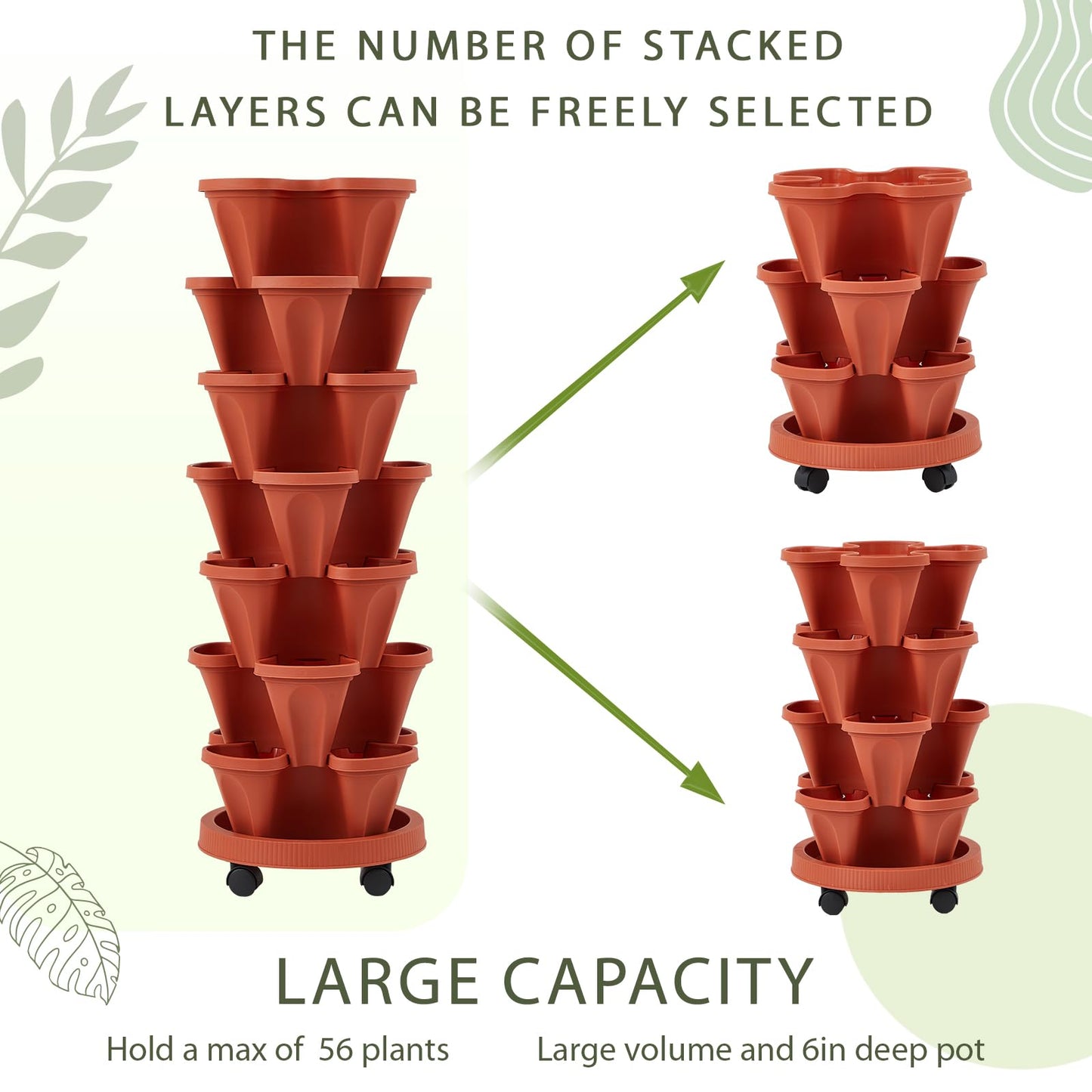 Umigy 2 Set of 7 Tier Vertical Planter Stackable Tower Planters Strawberry Herb Flower and Vegetable Pots Indoor Outdoor Gardening Pots with Removable Wheels and Tools(Brick Red)