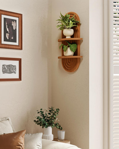 Bamworld Boho Wall Decor Brown Plant Wall Shelf Mid Century Modern Decor Hanging Plant Shelf 16.7in 2 Tier Wooden Floating Shelves for Home Bathroom Bedroom Living Room Office Holding Planter