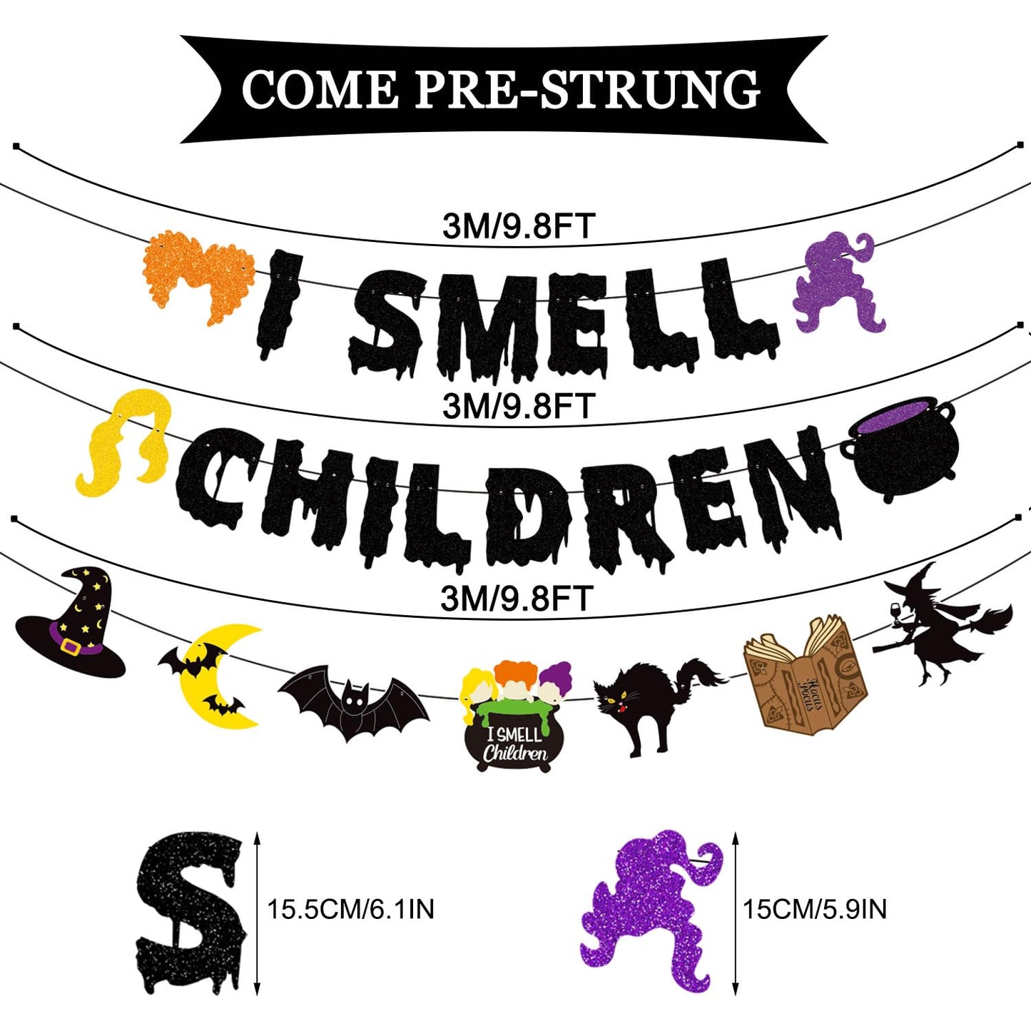 JOZON Black Glittery I Smell Children Banner with Witches Pot Signs Halloween Hocus Pocus Witches Garland Banner Halloween Holiday Haunted House Party Decorations for Mantle Fireplace Wall