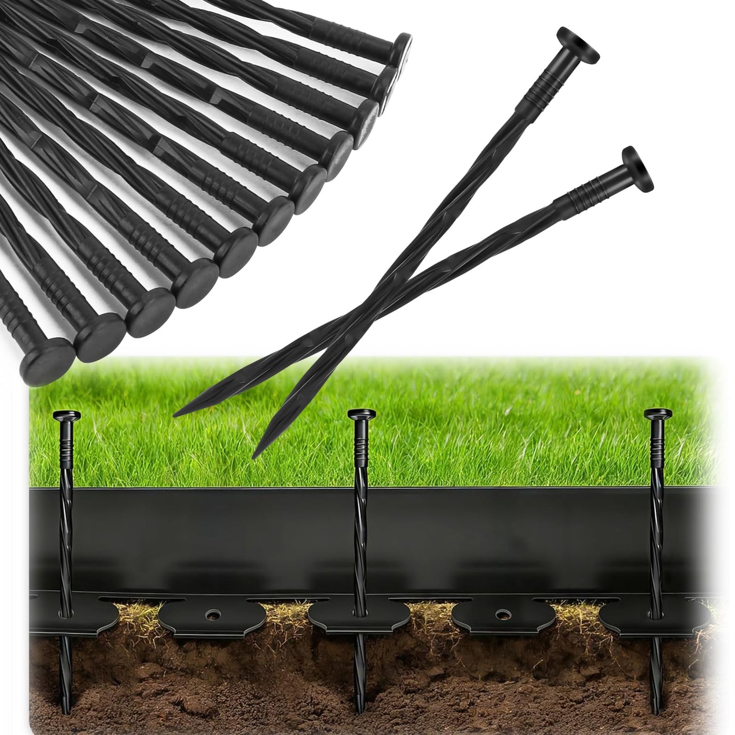 Garaook 100PCS 8-Inch Plastic Landscape Edging Stakes, Spiral Nylon Landscape Spikes, Anchoring Nails for Weed Barrier, Paver Edging, Landscape Edging, Artificial Turf, Grass Pathways, Black