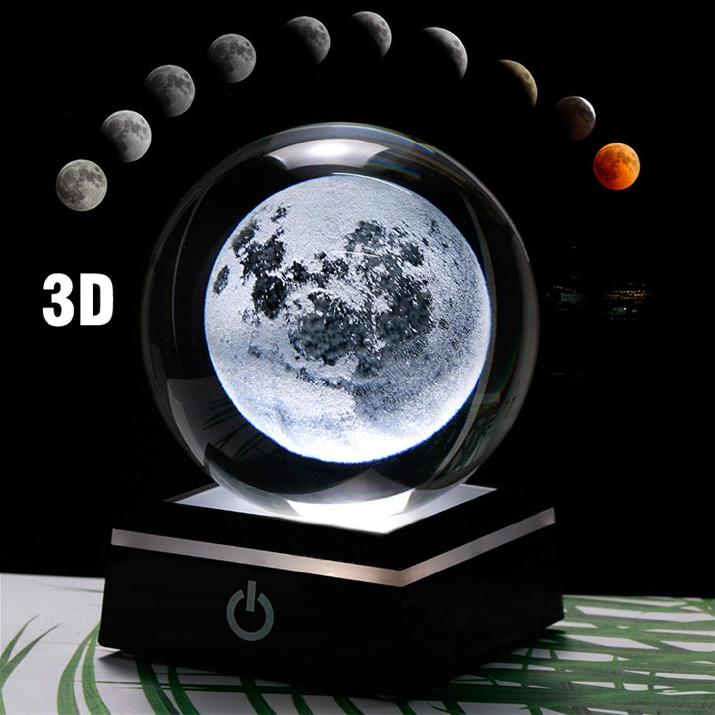 Qianwei 3D Moon Model Crystal Ball Led Lamp Base - Space Decor World Globe Planets Sphere Night Light 80mm 3.15 Inch - Solar System Decor Best Birthday Astronomy Gifts for Men Physics Science Teacher