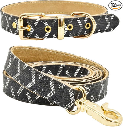 Leather Dog Collar and Leash Set, Check Pattern Dog Collar Leashes Metal Buckle Adjustable Durable for Small Medium Large Dogs (Black, L(14.5-18.5IN))