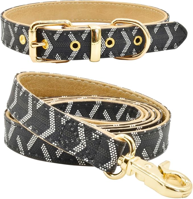 Leather Dog Collar and Leash Set, Check Pattern Dog Collar Leashes Metal Buckle Adjustable Durable for Small Medium Large Dogs (Black, M(11.8-15IN))