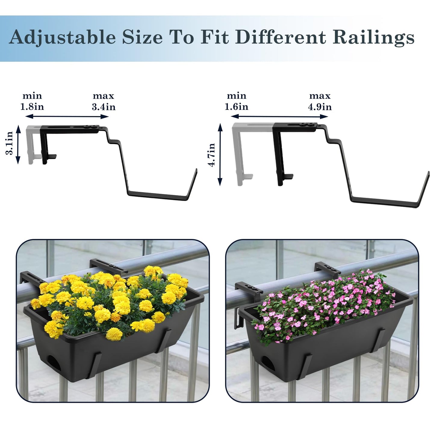OYEAL Railing Planter Box Black Hanging Window Boxes Planter with Adjustable Brackets, Outdoor Set of 2 Deck Rail Planters with 6 Detachable Plastic Flower Pots for Garden Fence, Patio, Windowsill