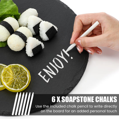 Uiifan 6 Pcs 11 Inch Round Slate Cheese Boards Round Black Stone Plates for Wedding Day Charcuterie Board Cheese Platter Serving Stone Tray Soapstone Chalk for Meats Appetizers Dried Fruit Party Gifts