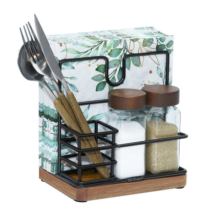 Napkin Holder for Table, Standing Napkin Holder with Salt and Pepper Shakers, Acacia Wood Base, Iron Build, for Kitchen, Dining Room, Outdoor Use（Fork and knife not included）