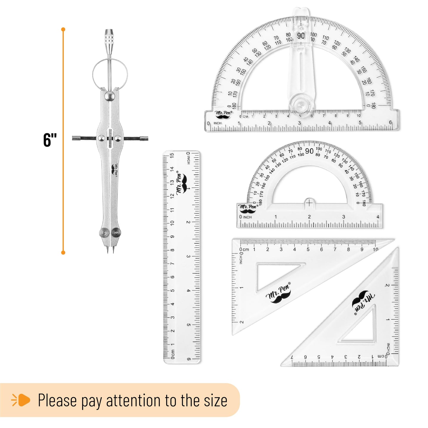Mr. Pen- Geometry Set, 15 pcs, Light Grey, 6 Inch Swing Arm Protractor, Divider, Set Squares, Ruler, Compasses and Protractor