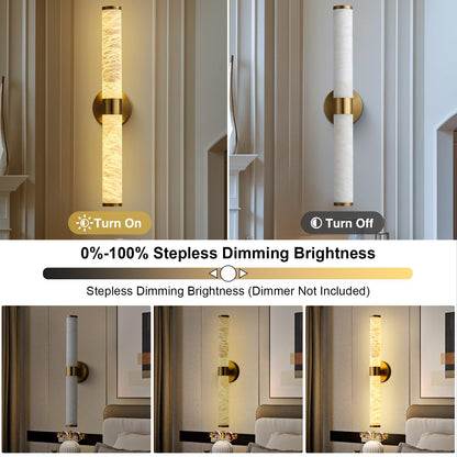 OSRoyce Alabaster Wall Sconces, 24" Brass Wall Sconce, Cylinder Natural Spanish Marble Sconces Wall Lighting, Modern Gold Dimmable Wall Lights for Living Room Bedroom Bathroom Stairs Hallway Entryway