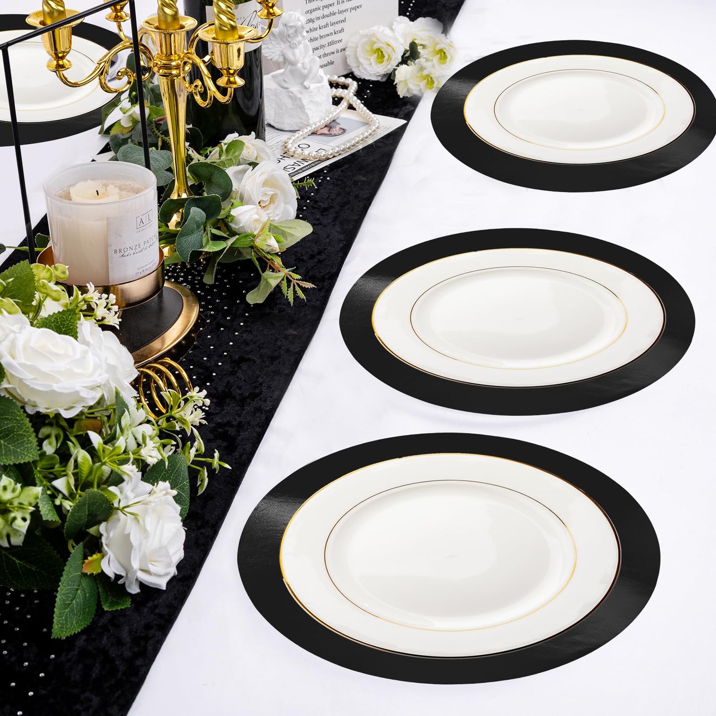 30 PCS Black Paper Placemats Round Disposable Halloween Placemat Shiny Mirrored Paper Charger Placemats for Halloween 50th Birthday Wedding Bachelorette Graduation Holiday Party Dinner Table Decor