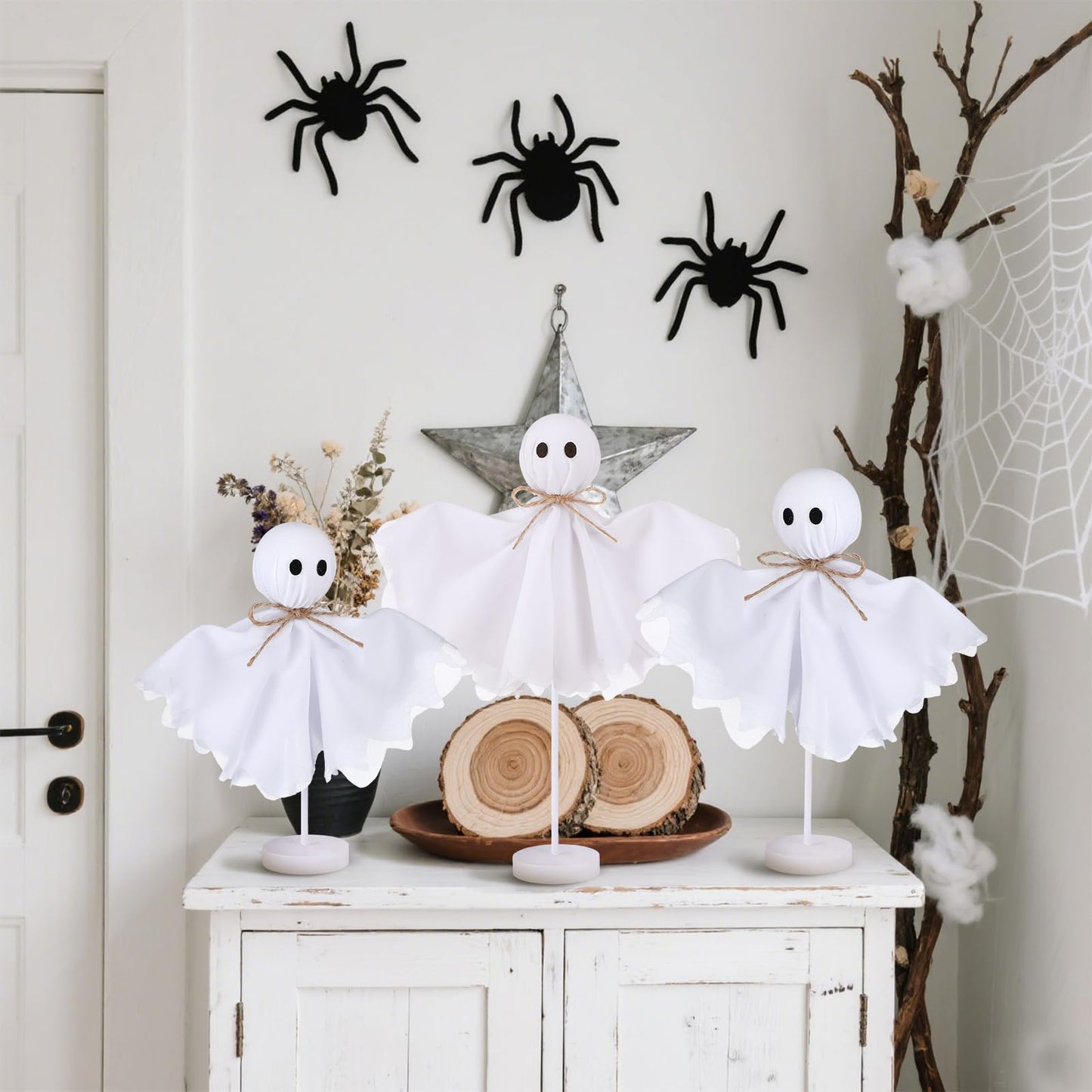 Yousoontic Ghosts Decorations Indoor Set of 3 Primitive Ghosts on Wooden Stand Farmhouse Rustic Table Decor Ghost Stand for Centerpieces Shelves Mantels Tiered Trays Home