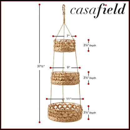 Casafield 3-Tier Hanging Fruit Basket Set, Natural Water Hyacinth Boho Storage Baskets for Vegetables, Herbs, Plants, Kitchen Pantry Storage Organizer