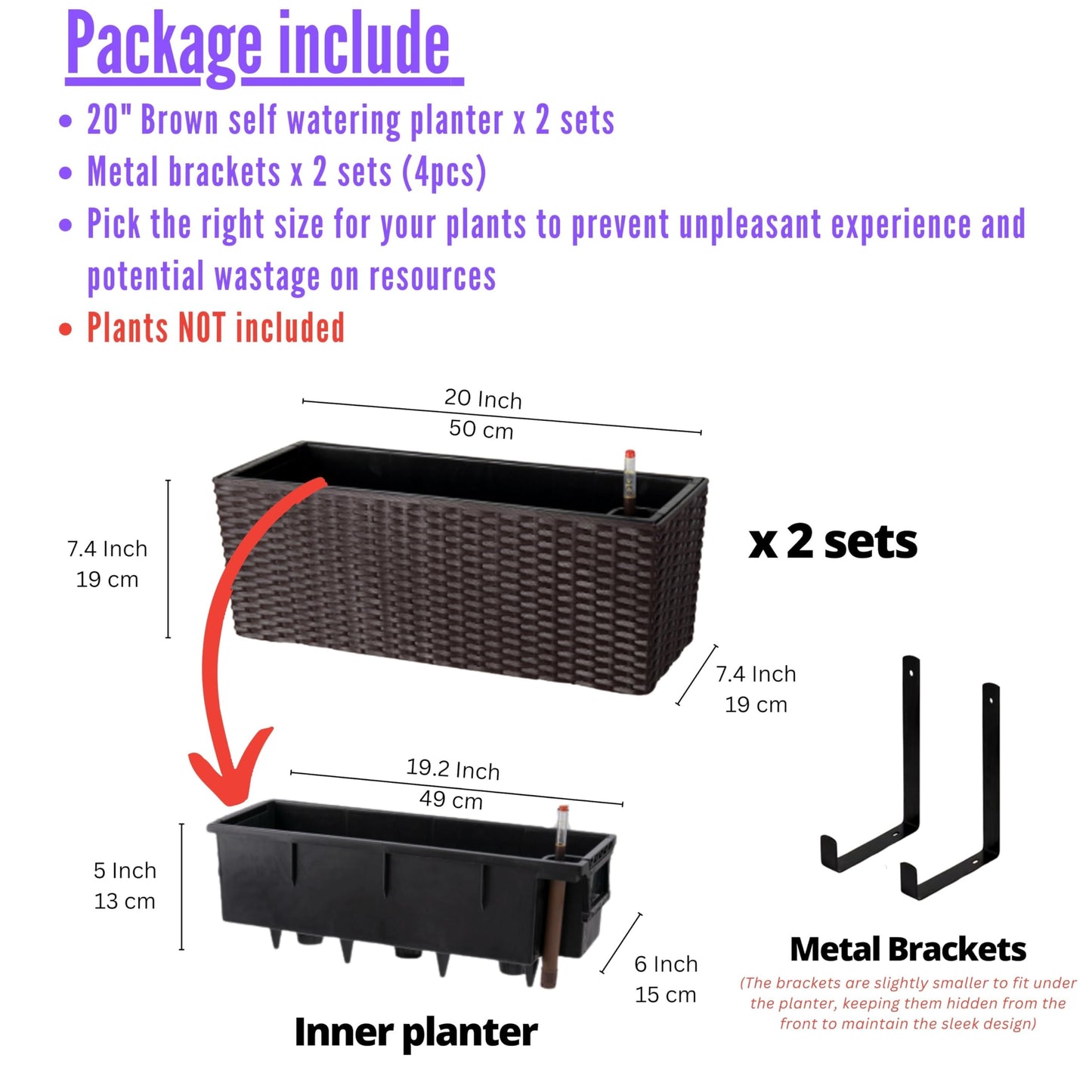 LaLaGreen Wall Planters Outdoor (20 Inch, 2 Pack) Brown Rectangular Window Flower Boxes with Brackets Self Watering System, Vertical Wall Mounted Plant Pot Container Herb Garden Balcony Indoor Decor