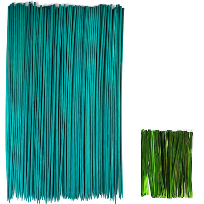 TIHOOD 100PCS 18" Wooden Garden Stakes with 100PCS 4" Garden Ties, Green Bamboo Sticks, Floral Plant Support, Tomato Stakes