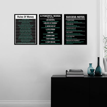 PSYYSP 3 Piece Canvas Wall Art Life Upgrade Money Rules Success Notes Posters, Black Teal Motivational Triptych Wall Decor for Office, Bedroom, Dorm, Framed Canvas 36x16inch