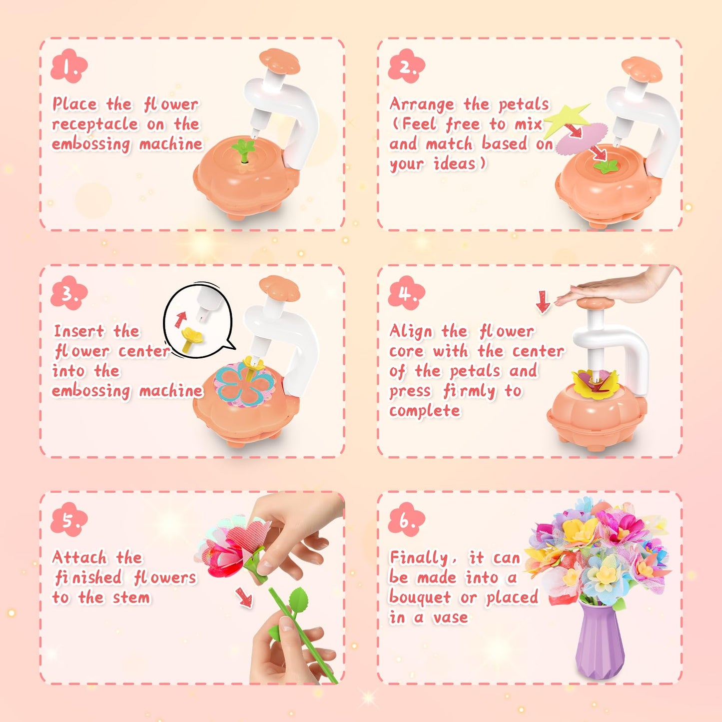 Kufanda 222 Pcs DIY Flower Bouquet Making Kit for Kids Ages 4-8 — Fabric Flower Craft Set with Embossing Machine, — Screen-Free STEM Educational Gift for Girls, Granddaughter Birthday Christmas