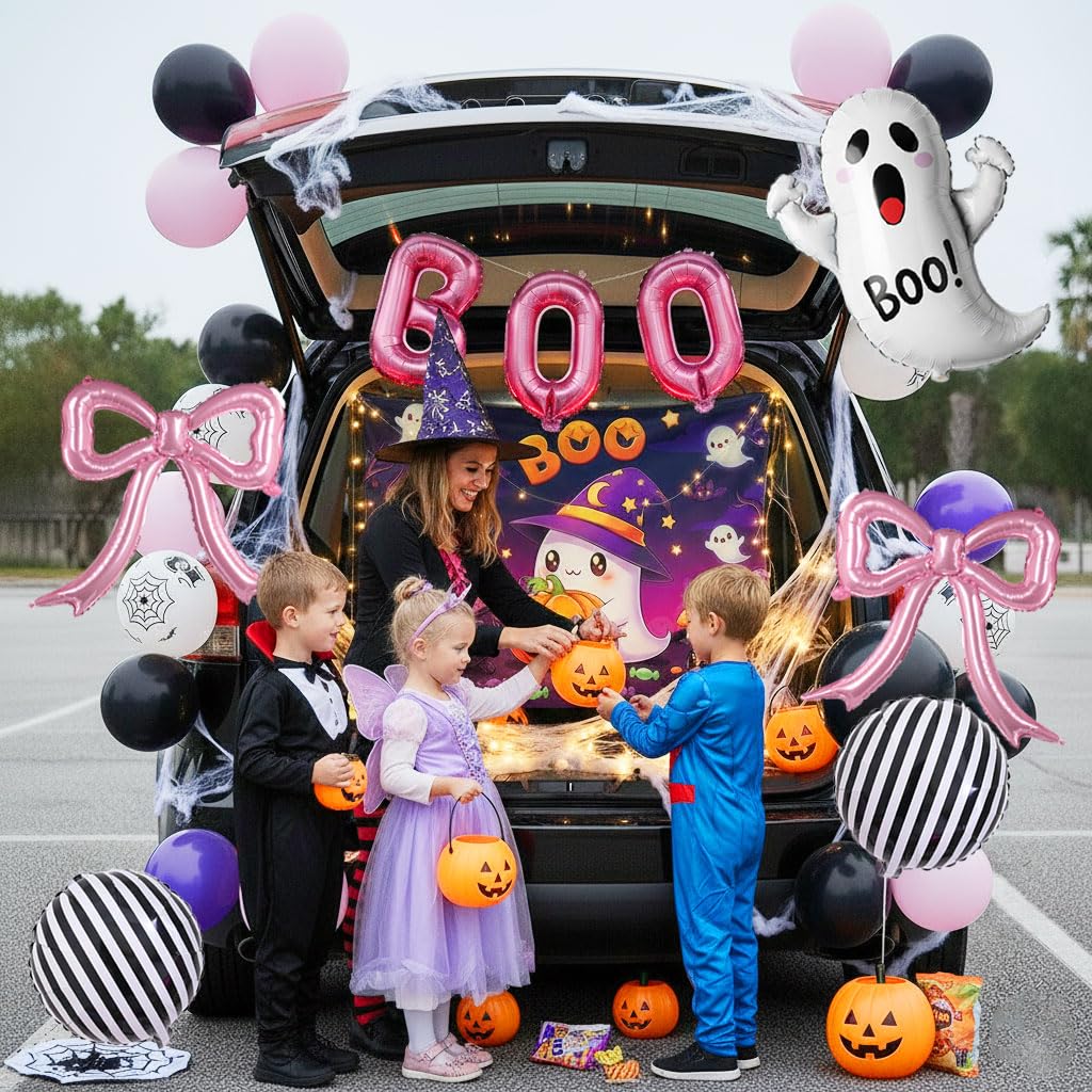 yeewaka Halloween Trunk or Treat Car Decorations Kit with BOO Letter Bow Ghost Balloons String Lights Background Cloth Cute Ghost Trunk or Treat for SUV Car Archway Garage Halloween Party Supplies