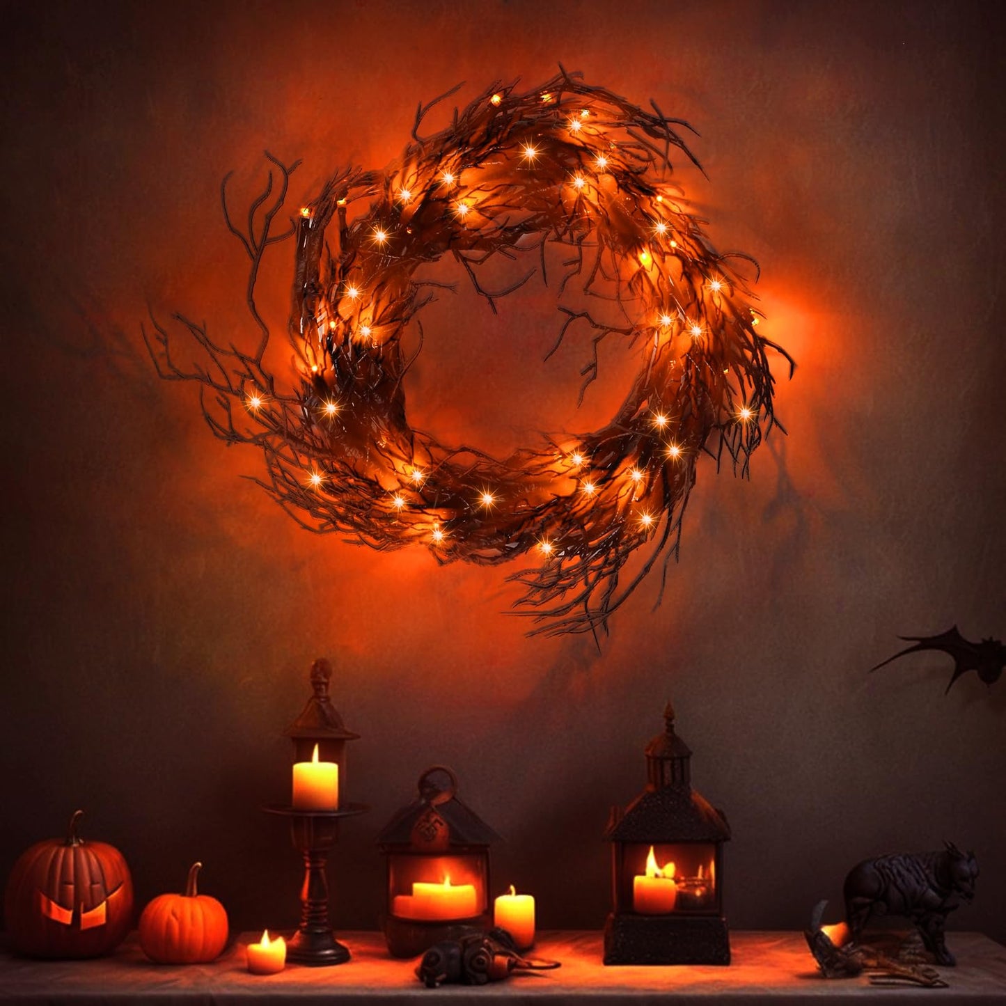 [ 8 Modes & Timer ] 6 Ft 45 LED Halloween Willow Vine Twig Garland Decorations with Orange Lights, Halloween Garland with Battery Operated Waterproof for Home Indoor Wall Fireplace Mantle Decor