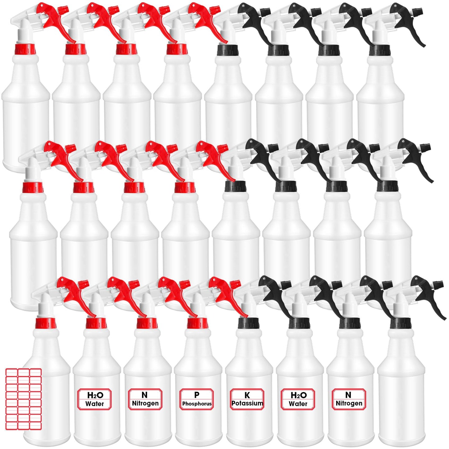 Gerrii 24 Pcs 24oz Plastic Spray Bottle Bulk, Empty Refillable Squirt Bottles for Cleaning Solution, Leak Proof Water Spray Bottle with Adjustable Nozzle and Sticker Commercial Supplies (Red & Black)