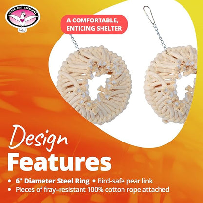 Super Bird Creations SB130 Snuggle Ring Bird Toy - Comforting Cotton Rope Hideaway - Durable Steel Ring, Safe Cage Attachment - Ideal for Cockatiels, Parrots - Small/Medium Birds - 9" x 7" x 3"