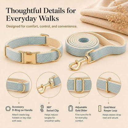 Herringbone Tweed Dog Collar and Leash Set for Large Dogs, Light Blue | Snag-free, no-rub design. Soft breathable cotton, gentle on fur. Adjustable durable matching combo for walks & outdoors.