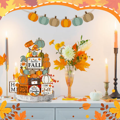 FairySandy 21 Pcs Fall Tiered Tray Decoration Set Fall Table Sign Pumpkins Farmhouse Decor Gnome Maple Leaves Centerpieces Thanksgiving Harvest Wood Decorative Blocks Tabletop Sign for Autumn(Pumpkin)