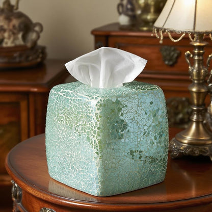 Handmade Mosaic Glass Tissue Box Cover, Square Decorative Holder, Turquoise Color