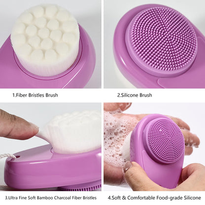 2 Pack Facial Cleansing Brush 2 in 1 for Face Exfoliation, Soft Bamboo Charcoal Microfiber Bristle Dual Face Silicone Scrubber Brush for Pore Deep Cleansing Skincare with Lid, Black+Gradient