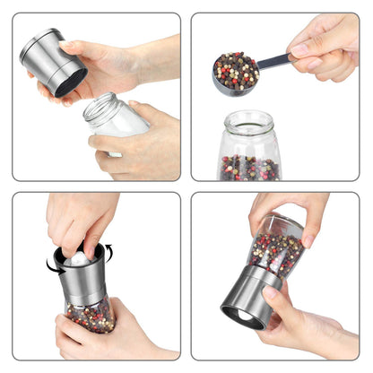 VEVOK CHEF Salt and Pepper Grinder Set Stainless Steel Adjustable Coarseness Ceramic Pepper Mill Salt Crusher with Silicone Tray Salt and Pepper Shaker Spice Grinder Kitchen