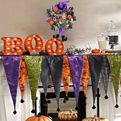 Vofuly Halloween Wreath, 20" Mesh, Orange, Green, Black, Copper, Witch Legs, Pumpkin & Witch, Fun Porch Decor