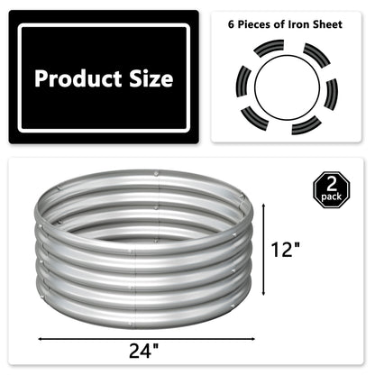 Foxlang 2x2x1ft(2 Pack) Galvanized Round Raised Garden Bed,Outdoor Planter Box Metal Patio Kit Planting Bed for Vegetables Flowers Herb,Silver