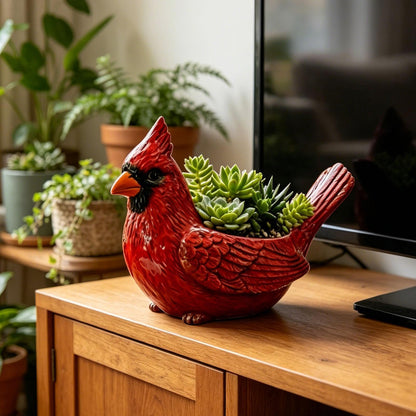 Resin Bird Planter, Funny Plant Pot, 7x5 Inches Flower Container with Drain Hole, Weatherproof Garden Vase, Cute Pot with Decorative Carvings, Small Seedling Holder for Porch and Yard