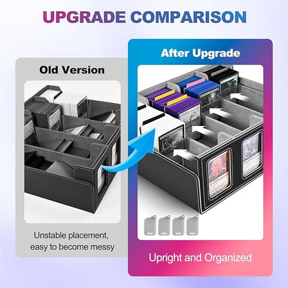 UAONO Trading Card Storage Box with Commander Display; 2400+ Deck Box for MTG with Removable Cover; Top Loaders Card Case fits Magic TCG PTCG Sports Cards; 24 Dividers, 4 Stoppers (Black, Grey)