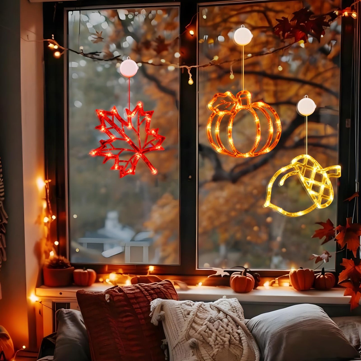 LOLStar Fall Decor Window Lights 2026 Thanksgiving Decorations Acorn Maple Leaves Pumpkin LED Lights with Suction Cups Battery Operated(Exclusive) Slow Fade Mode Timer Autumn Decorations for Home