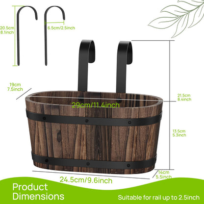 2PACK Wood Cute Railing Planter Box Wooden Hanging Flower Pots for Railing Fence Outdoor Plants Wall Planters Window Flower Box Hanging Bucket Pots Countryside plant Holder (Carbonized,2pcs,Small)